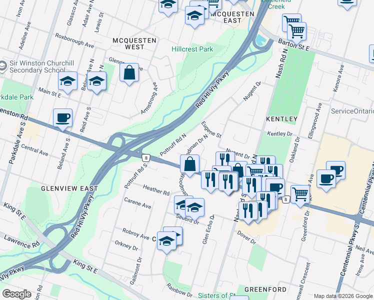 map of restaurants, bars, coffee shops, grocery stores, and more near 80 Pottruff Road North in Hamilton