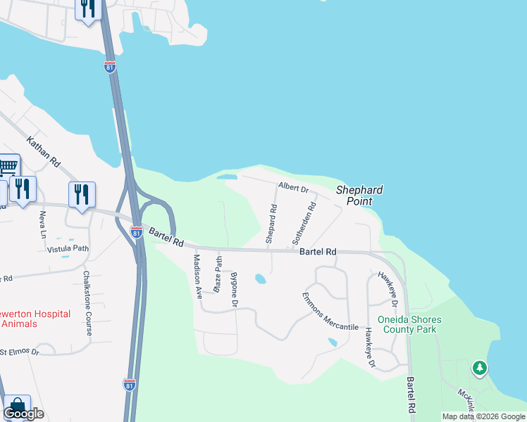 map of restaurants, bars, coffee shops, grocery stores, and more near 5768 Albert Drive in Brewerton