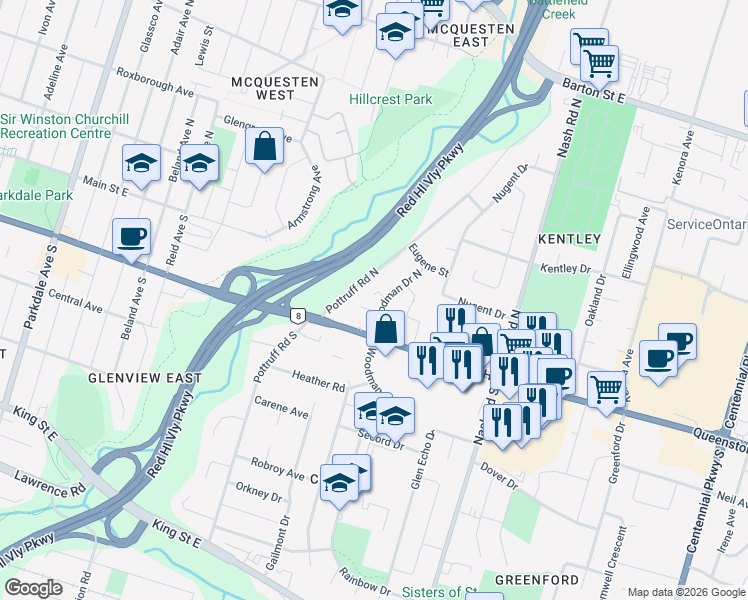 map of restaurants, bars, coffee shops, grocery stores, and more near 80 Pottruff Road North in Hamilton