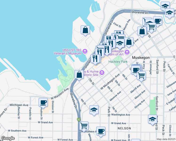 map of restaurants, bars, coffee shops, grocery stores, and more near 610 West Western Avenue in Muskegon