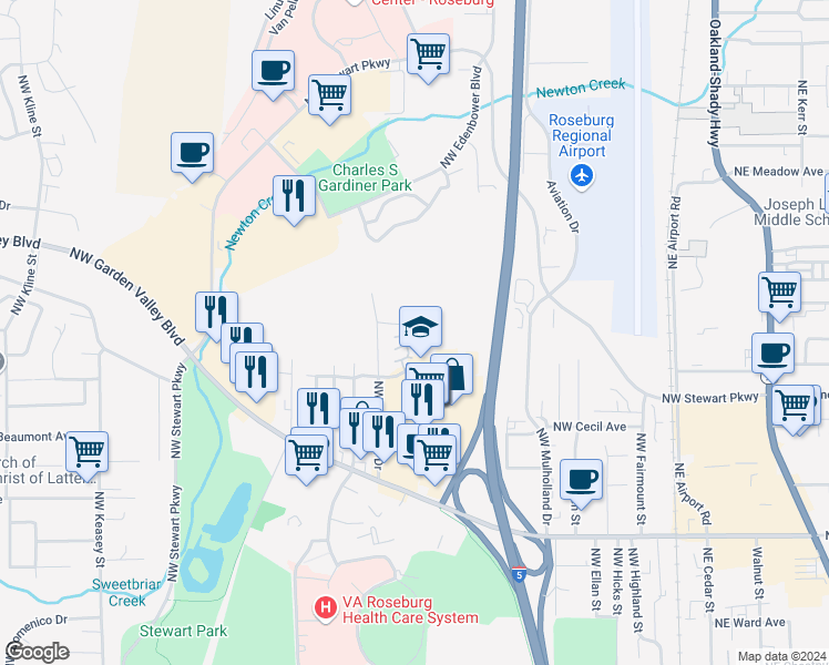 map of restaurants, bars, coffee shops, grocery stores, and more near 30 Northwest Mountain View Street in Roseburg
