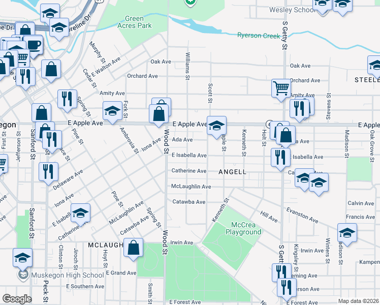 map of restaurants, bars, coffee shops, grocery stores, and more near 1060 Williams Street in Muskegon