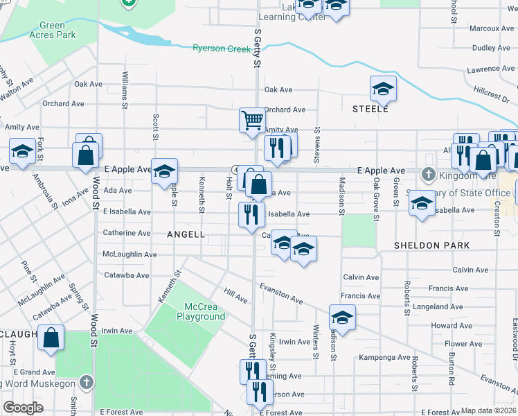 map of restaurants, bars, coffee shops, grocery stores, and more near 1061 South Getty Street in Muskegon