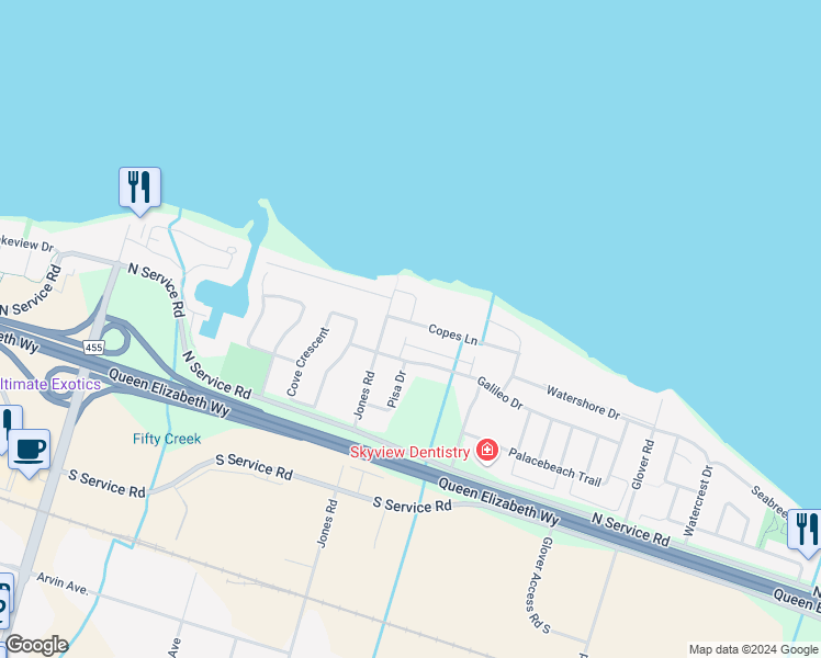 map of restaurants, bars, coffee shops, grocery stores, and more near 21 Copes Lane in Hamilton
