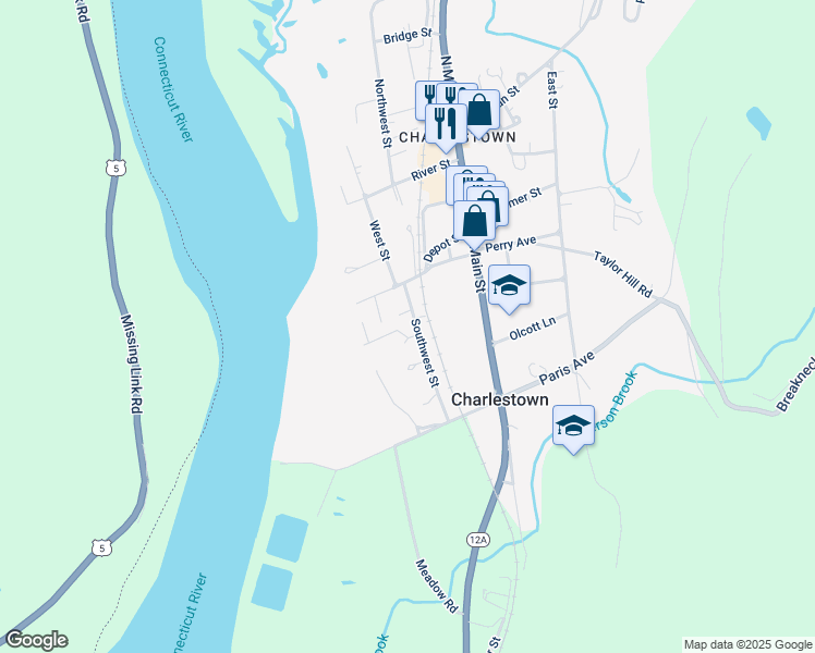 map of restaurants, bars, coffee shops, grocery stores, and more near 46 Southwest Street in Charlestown
