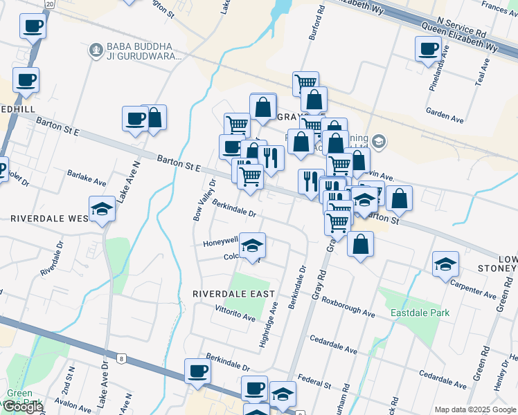 map of restaurants, bars, coffee shops, grocery stores, and more near 75 Berkindale Drive in Hamilton