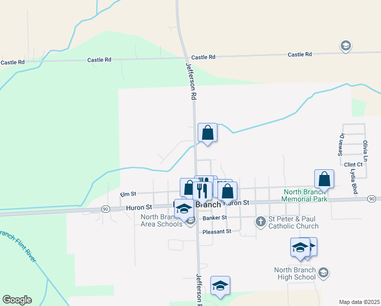 map of restaurants, bars, coffee shops, grocery stores, and more near 6876 Jefferson Road in North Branch