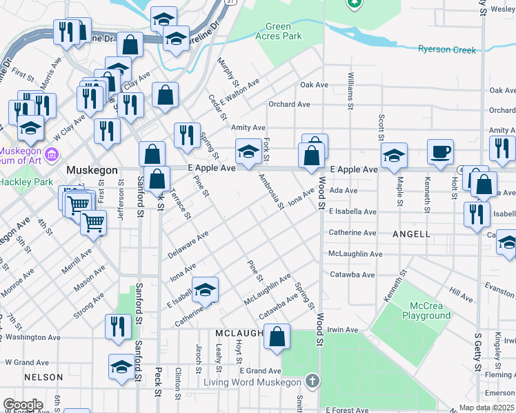 map of restaurants, bars, coffee shops, grocery stores, and more near 248 Delaware Avenue in Muskegon