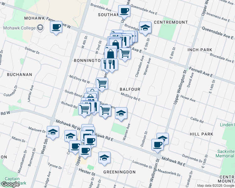 map of restaurants, bars, coffee shops, grocery stores, and more near 109 Howard Avenue in Hamilton