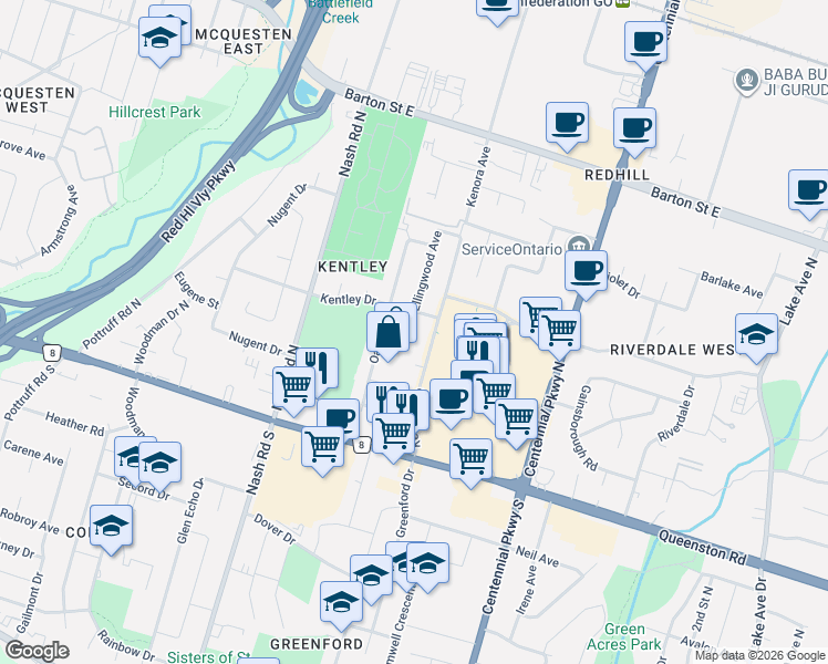 map of restaurants, bars, coffee shops, grocery stores, and more near 23 Duchess Court in Hamilton