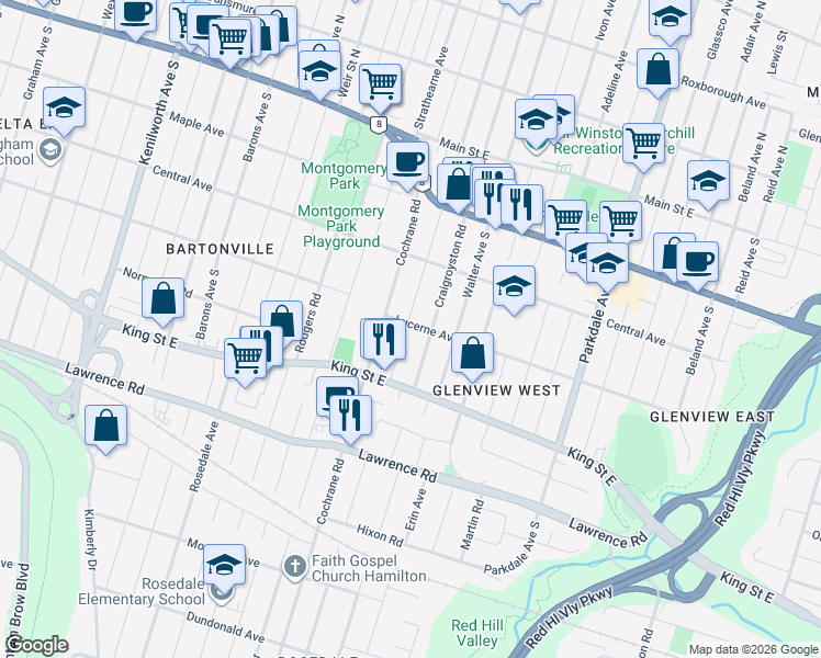 map of restaurants, bars, coffee shops, grocery stores, and more near 227 Cochrane Road in Hamilton