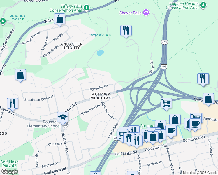 map of restaurants, bars, coffee shops, grocery stores, and more near 703 Highvalley Road in Hamilton