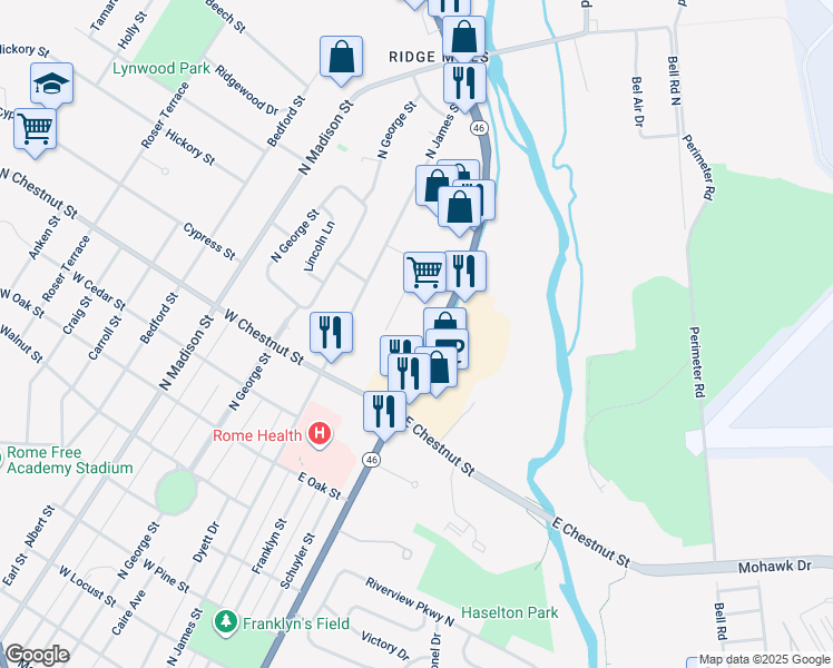 map of restaurants, bars, coffee shops, grocery stores, and more near 1899 Dunham Rd in Rome
