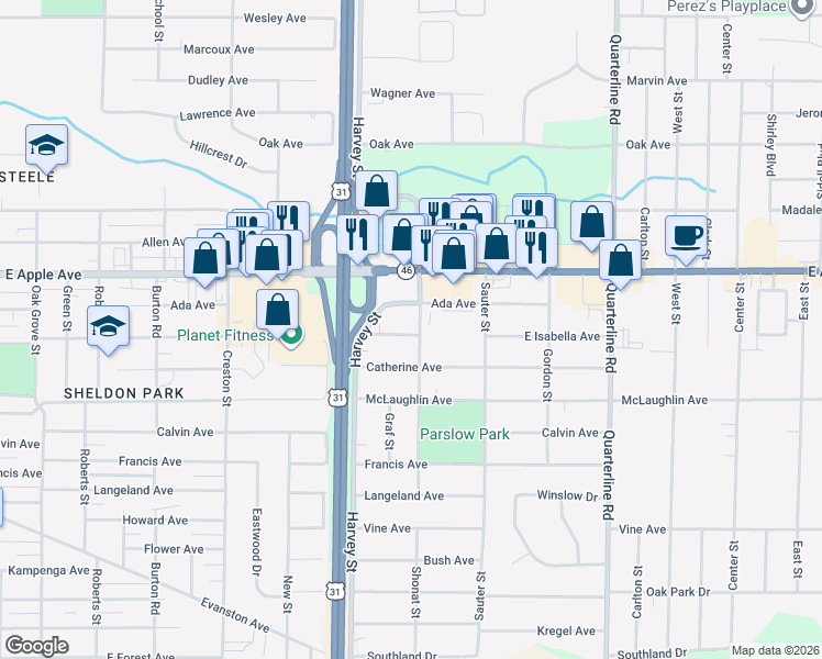 map of restaurants, bars, coffee shops, grocery stores, and more near 1051 Shonat Street in Muskegon