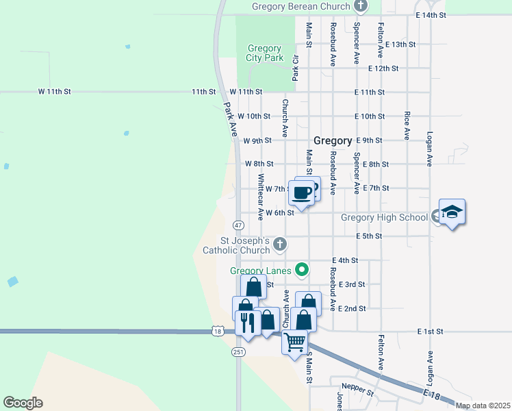 map of restaurants, bars, coffee shops, grocery stores, and more near 601-699 Whittecar Avenue in Gregory
