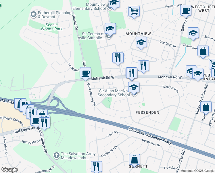 map of restaurants, bars, coffee shops, grocery stores, and more near 38 Elora Drive in Hamilton