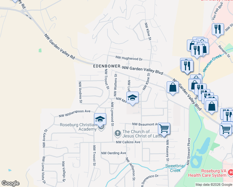 map of restaurants, bars, coffee shops, grocery stores, and more near 2144 Northwest Watters Street in Roseburg