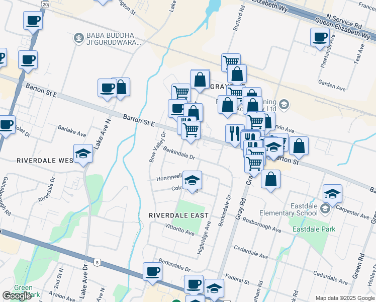 map of restaurants, bars, coffee shops, grocery stores, and more near in Hamilton