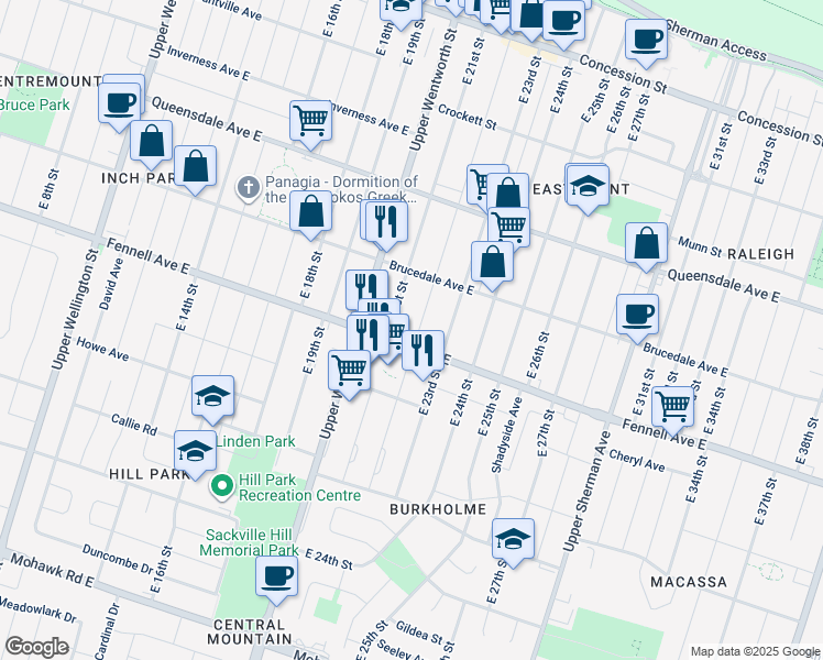 map of restaurants, bars, coffee shops, grocery stores, and more near 286 East 22nd Street in Hamilton