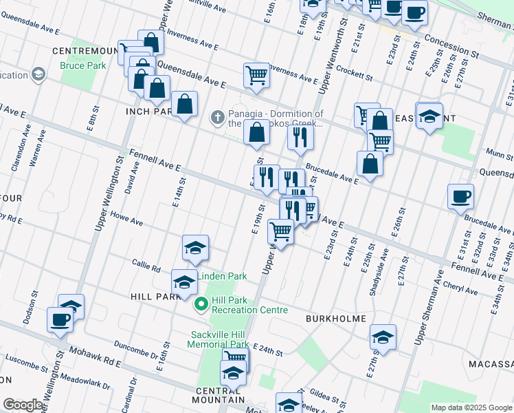 map of restaurants, bars, coffee shops, grocery stores, and more near 418 Fennell Avenue East in Hamilton