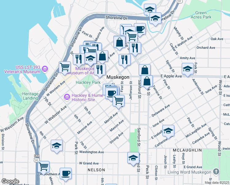 map of restaurants, bars, coffee shops, grocery stores, and more near 197 Hamilton Avenue in Muskegon