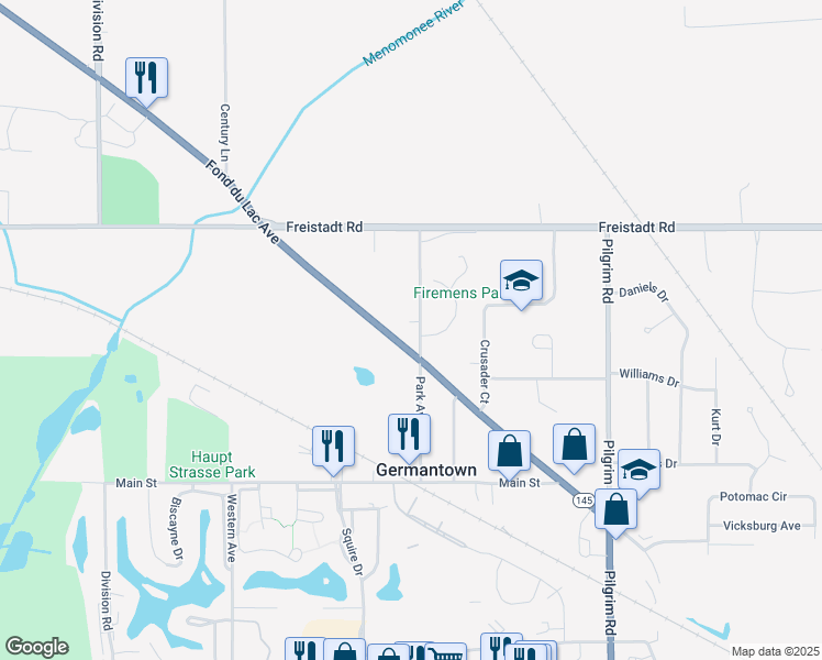 map of restaurants, bars, coffee shops, grocery stores, and more near W162N11811 Park Avenue in Germantown