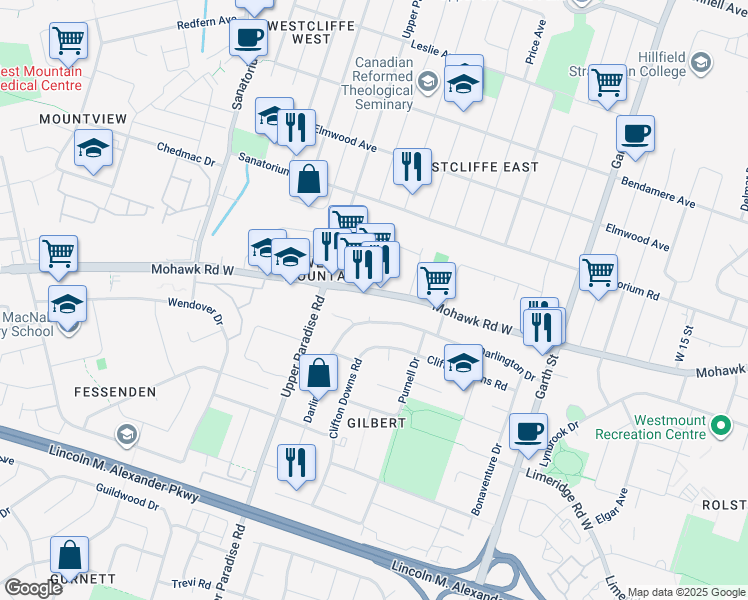 map of restaurants, bars, coffee shops, grocery stores, and more near 577 Mohawk Road West in Hamilton