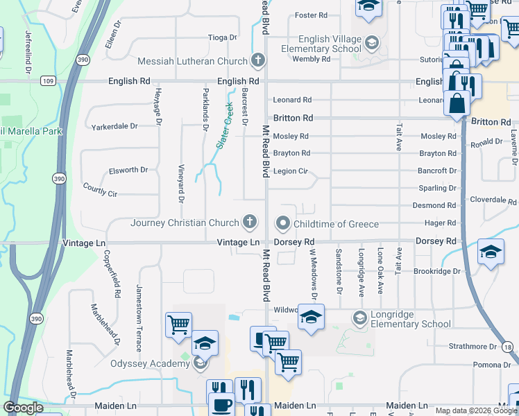 map of restaurants, bars, coffee shops, grocery stores, and more near 4015 Mount Read Boulevard in Rochester