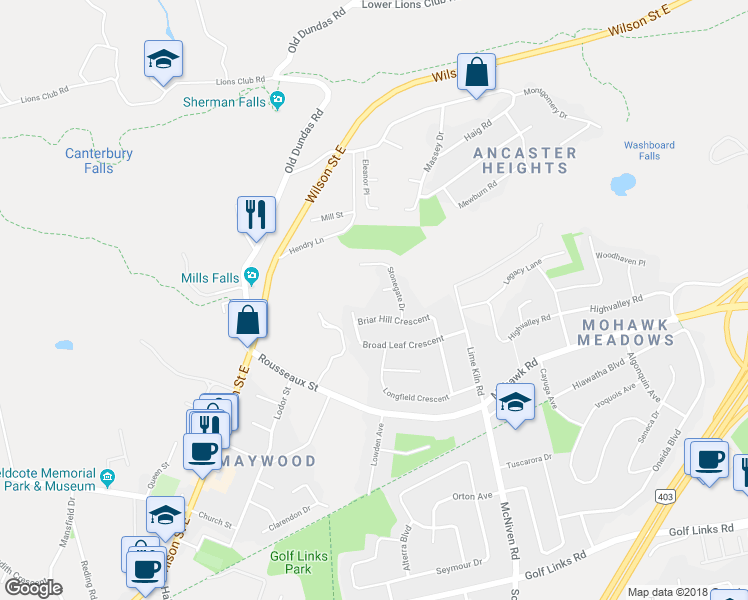 map of restaurants, bars, coffee shops, grocery stores, and more near 127 Briar Hill Crescent in Hamilton