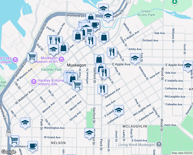 map of restaurants, bars, coffee shops, grocery stores, and more near 1086 Sanford Street in Muskegon