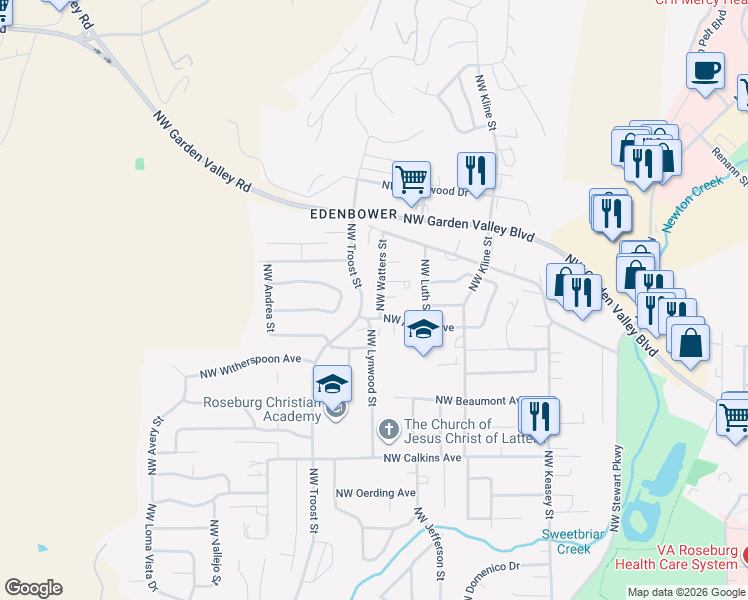 map of restaurants, bars, coffee shops, grocery stores, and more near 2144 Northwest Watters Street in Roseburg
