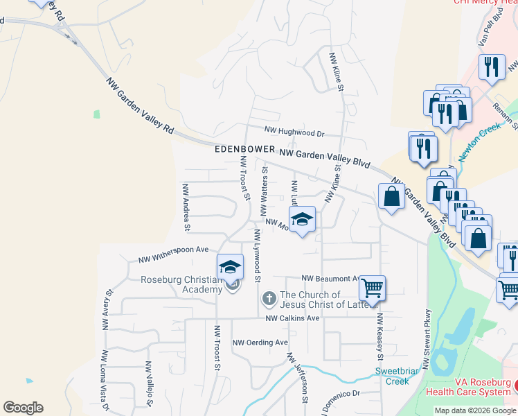 map of restaurants, bars, coffee shops, grocery stores, and more near 2144 Northwest Watters Street in Roseburg
