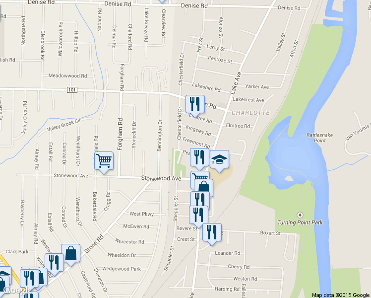 map of restaurants, bars, coffee shops, grocery stores, and more near 10 Chesterfield Drive in Rochester