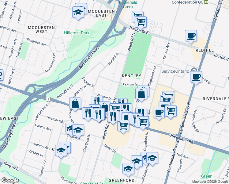 map of restaurants, bars, coffee shops, grocery stores, and more near in Hamilton