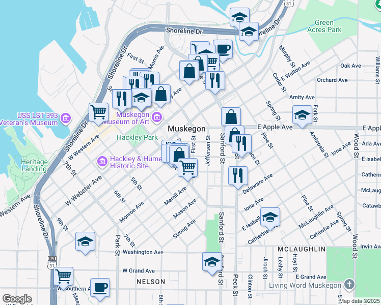 map of restaurants, bars, coffee shops, grocery stores, and more near 197 Hamilton Avenue in Muskegon