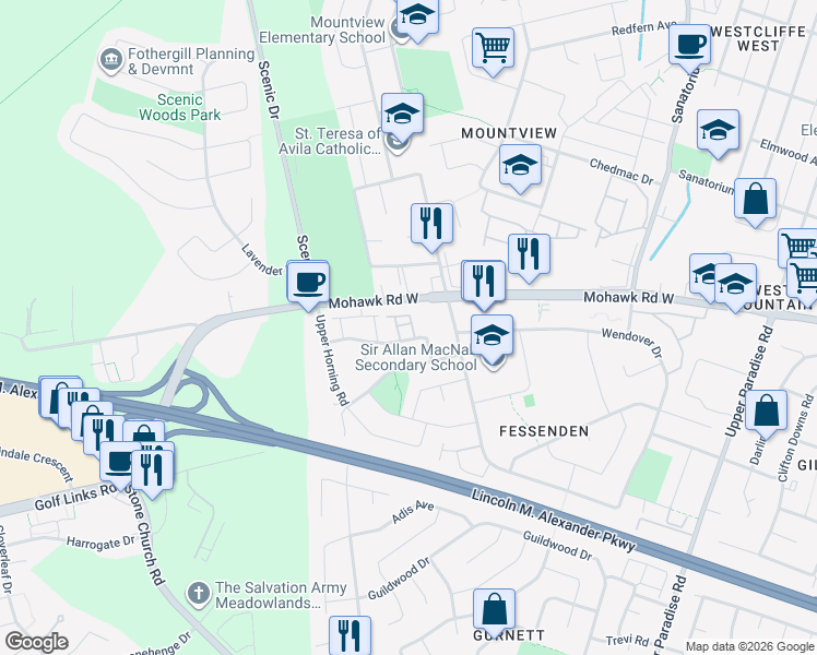 map of restaurants, bars, coffee shops, grocery stores, and more near 32 Elora Drive in Hamilton