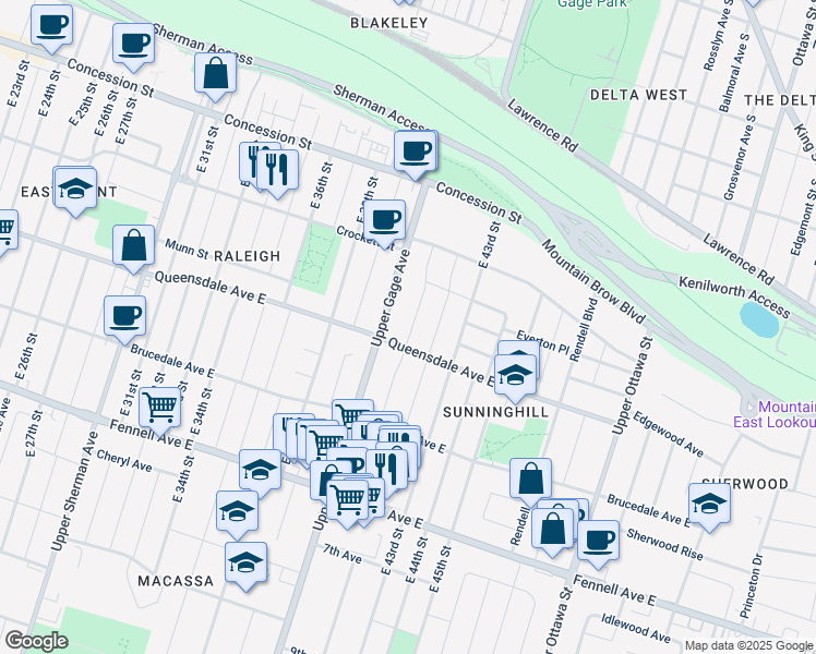 map of restaurants, bars, coffee shops, grocery stores, and more near 38 East 41st Street in Hamilton