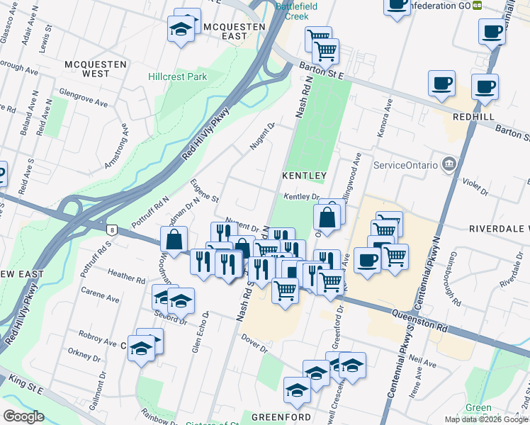 map of restaurants, bars, coffee shops, grocery stores, and more near 65 Nash Road North in Hamilton