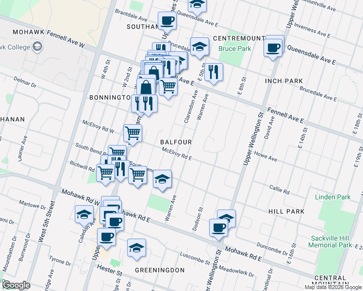 map of restaurants, bars, coffee shops, grocery stores, and more near in Hamilton