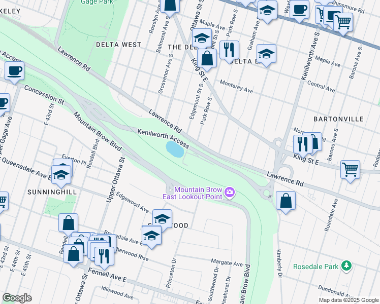 map of restaurants, bars, coffee shops, grocery stores, and more near 111 Kenilworth Access in Hamilton