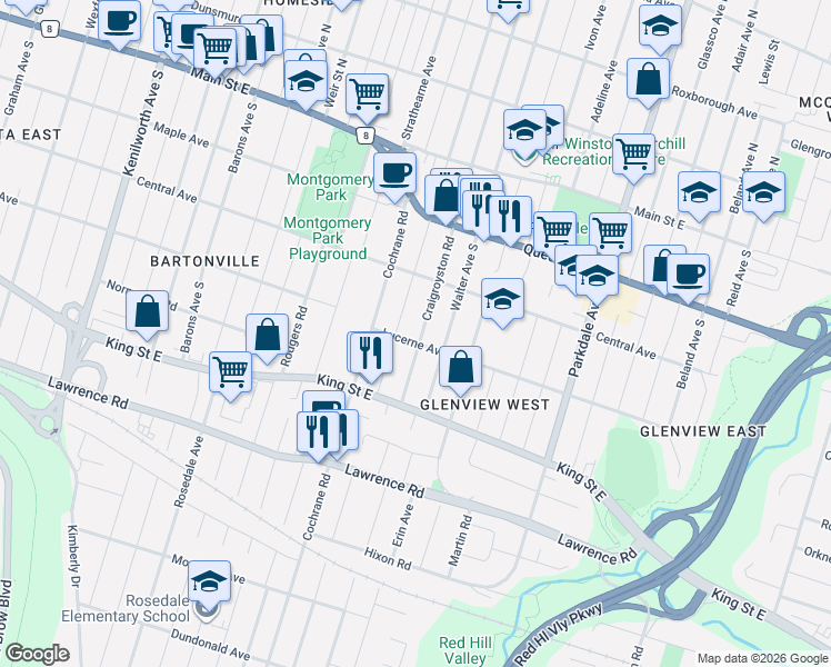 map of restaurants, bars, coffee shops, grocery stores, and more near 206 Craigroyston Road in Hamilton