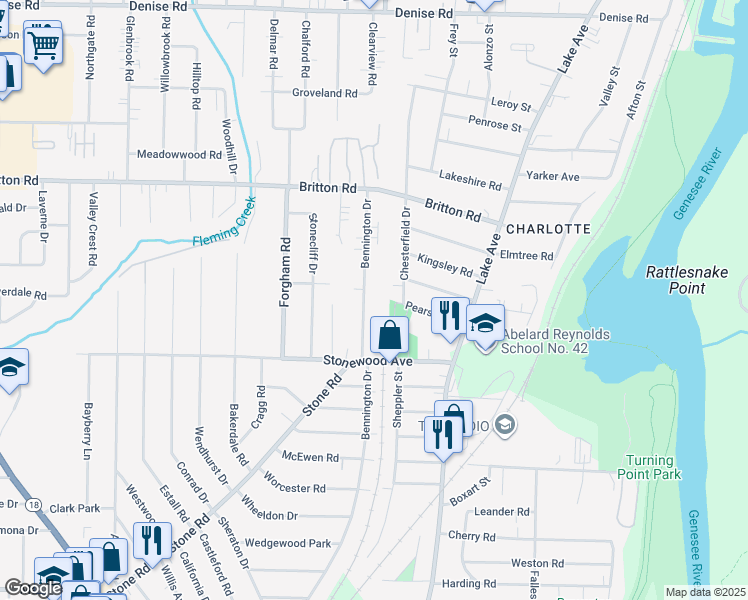 map of restaurants, bars, coffee shops, grocery stores, and more near 1004 Bennington Drive in Rochester