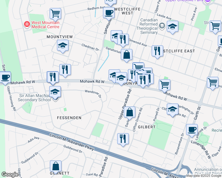 map of restaurants, bars, coffee shops, grocery stores, and more near 145 Rice Avenue in Hamilton