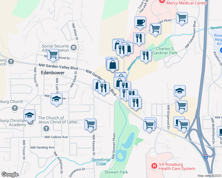 map of restaurants, bars, coffee shops, grocery stores, and more near 1400 Northwest Garden Valley Boulevard in Roseburg