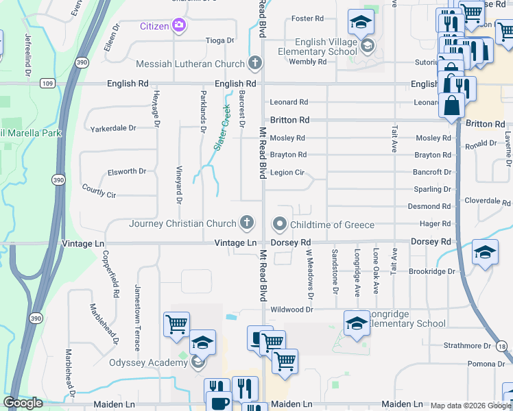 map of restaurants, bars, coffee shops, grocery stores, and more near 4015 Mount Read Boulevard in Rochester
