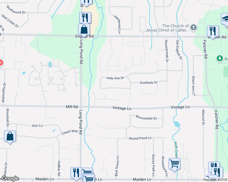 map of restaurants, bars, coffee shops, grocery stores, and more near 404 Judy Ann Drive in Rochester