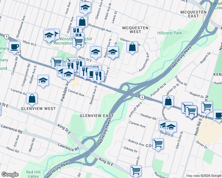 map of restaurants, bars, coffee shops, grocery stores, and more near 392 Queenston Road in Hamilton