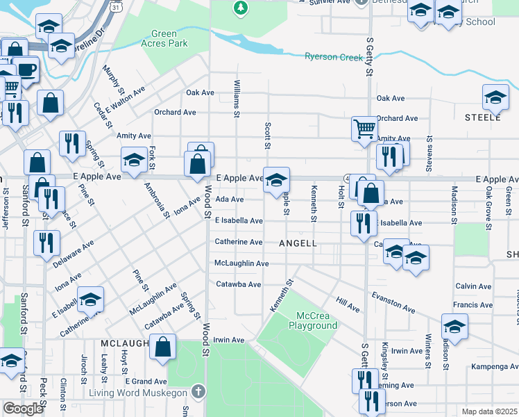 map of restaurants, bars, coffee shops, grocery stores, and more near 1075 Chestnut Street in Muskegon