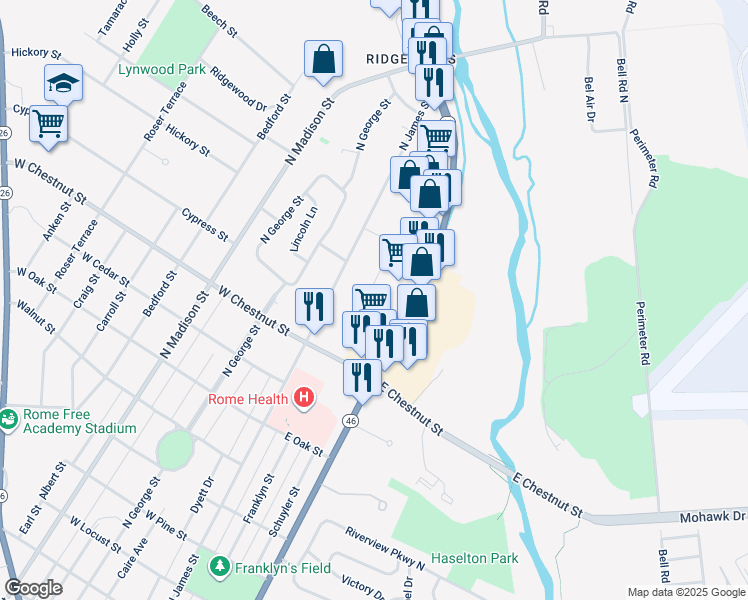 map of restaurants, bars, coffee shops, grocery stores, and more near 1801-1899 Dunham Rd in Rome