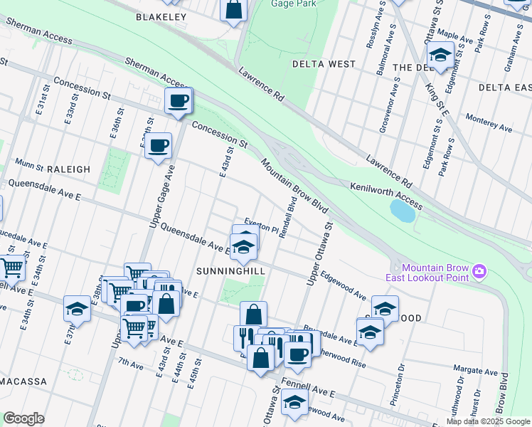 map of restaurants, bars, coffee shops, grocery stores, and more near 10 Nancy Street in Hamilton